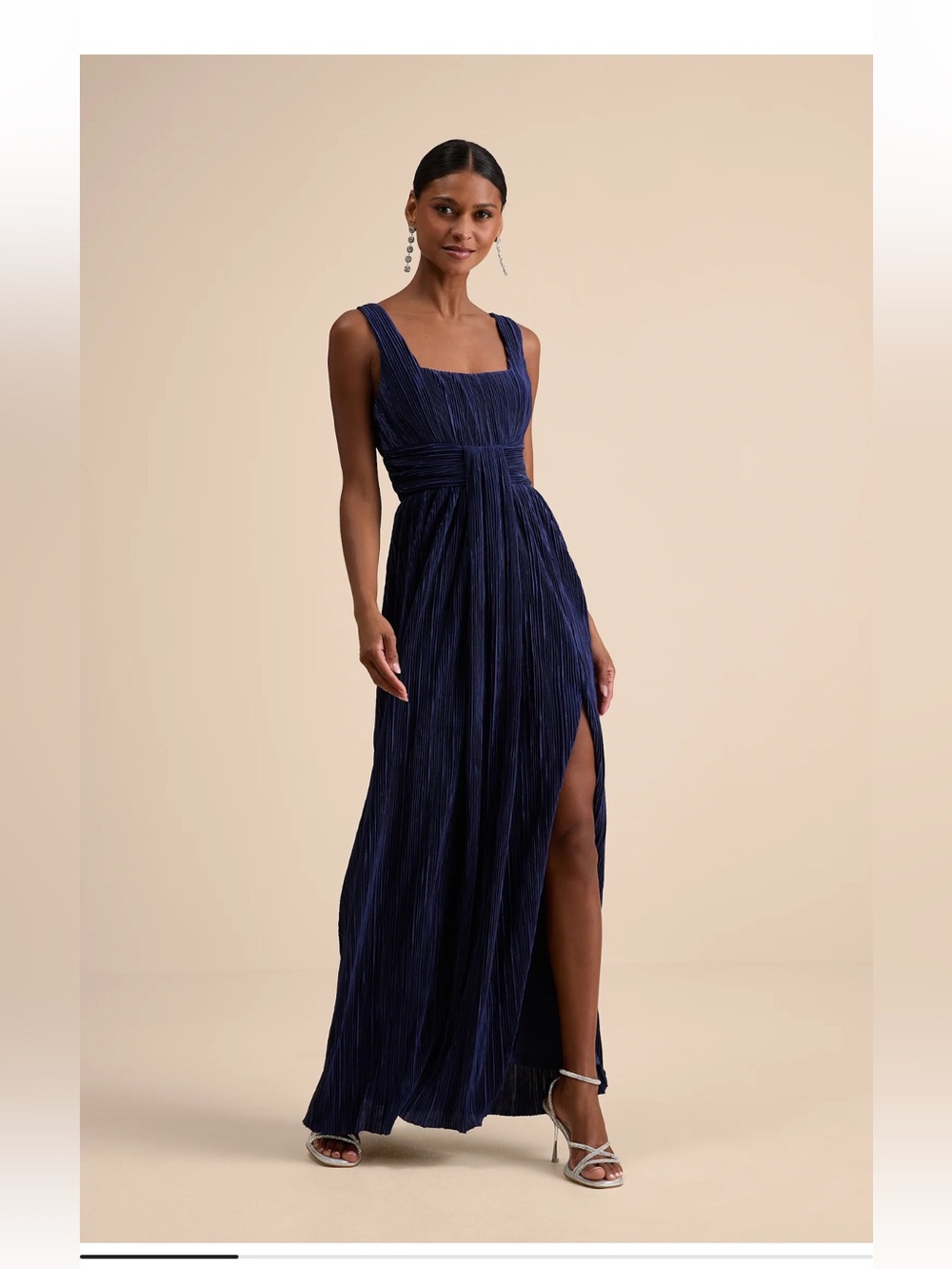 Lulu's Navy Pleated Maxi Dress with Square Neck & Side Slit